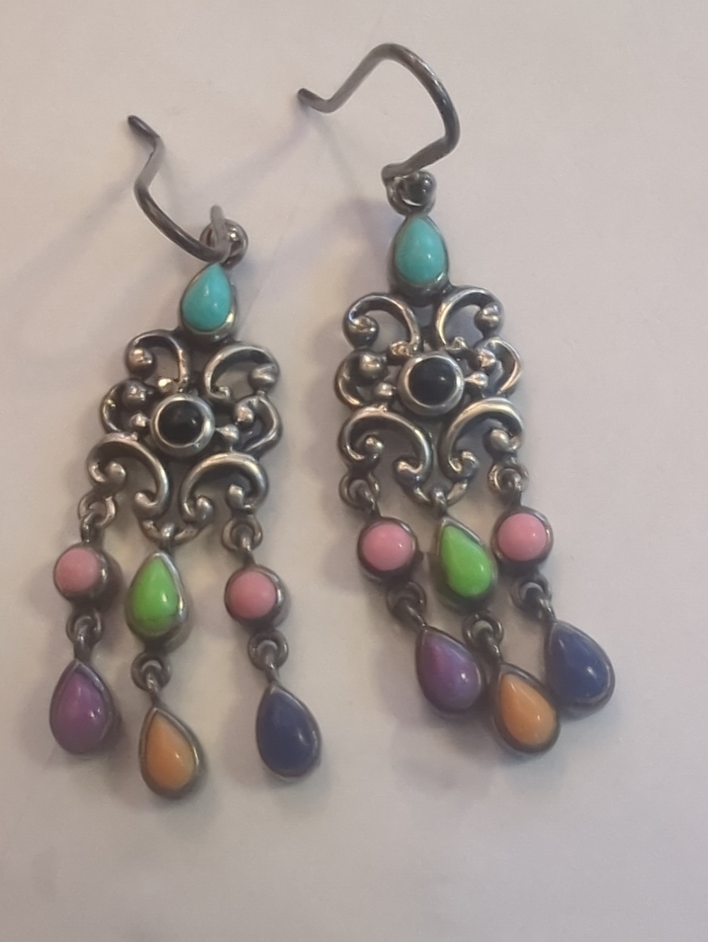 Multicolor Stone Teardrop Dangle Earrings Sterling Silver Turquoise Pink Green